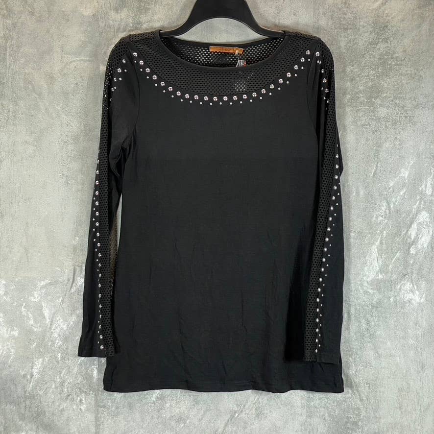 BELLDINI Women's Black Studded Boatneck Mesh-Inset Long-Sleeve Tunic Top SZ S