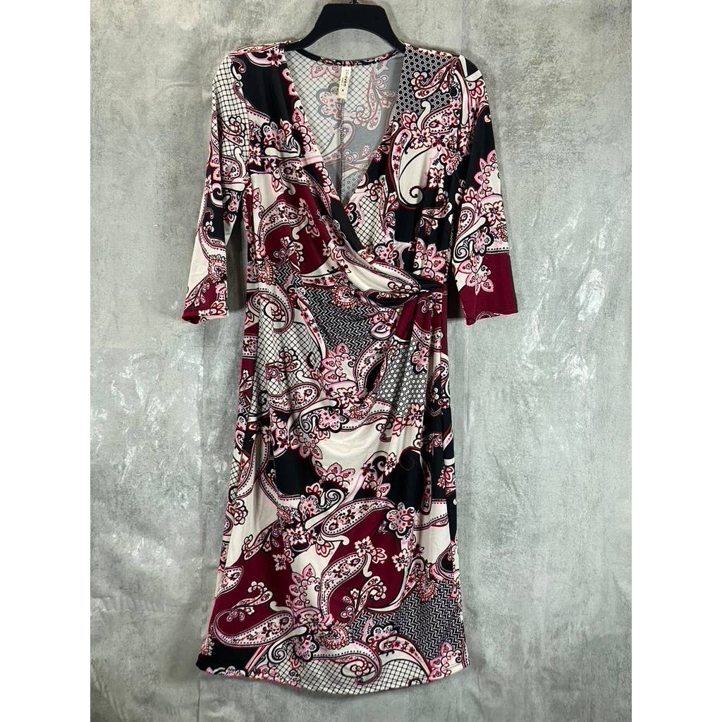 24SEVEN Comfort Apparel Women's Burgundy Printed Faux-Wrap 3/4 Sleeve Dress SZ M