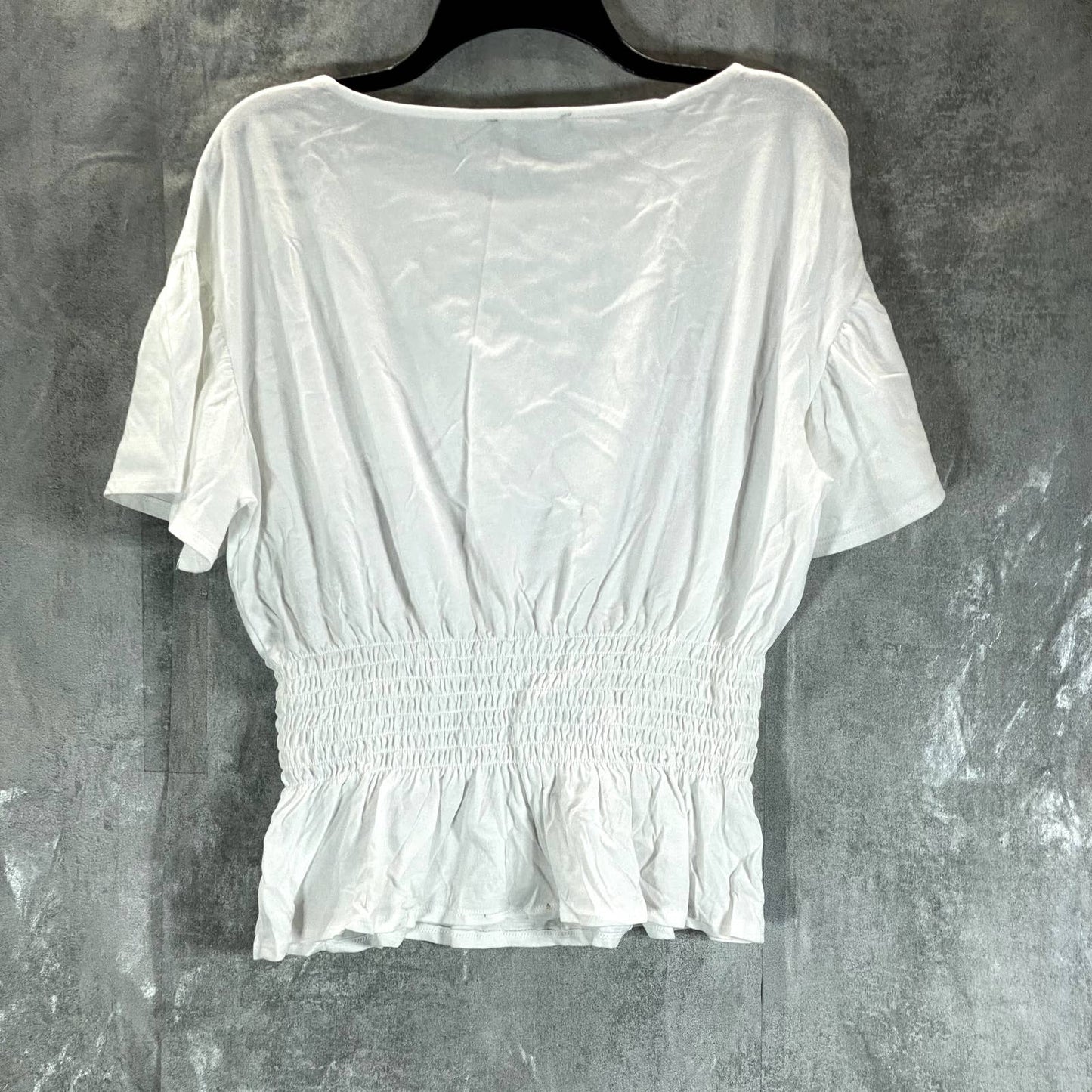 INC INTERNATIONAL Bright White Smocked-Waist Crewneck Short-Sleeve Top SZ L