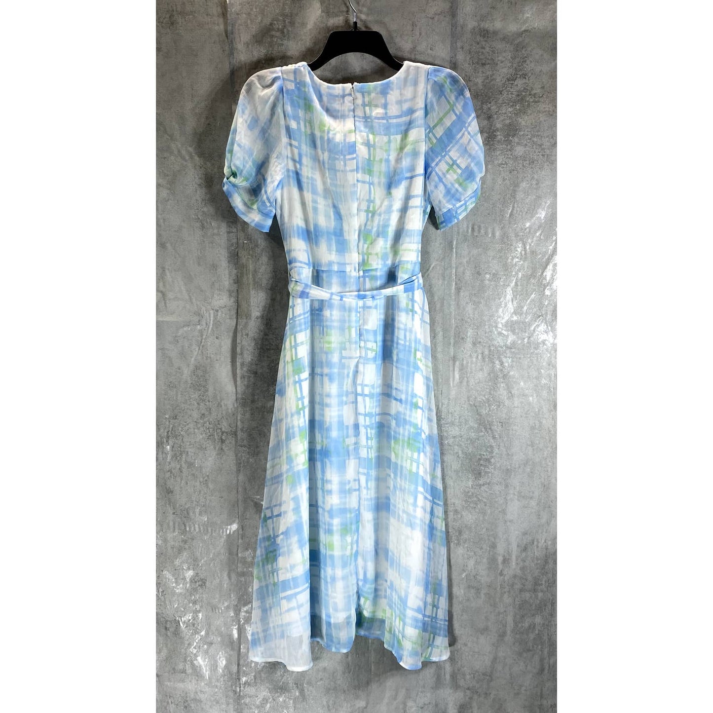 DKNY Women's Light Blue Plaid Faux-Wrap Puff Mesh-Sleeve Midi Dress SZ 8