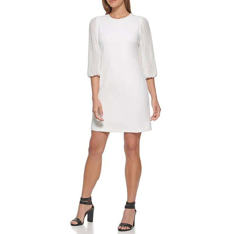 DKNY Women's Cream Illusion Dotted 3/4 Sleeve Crewneck Crepe Shift Mini Dress