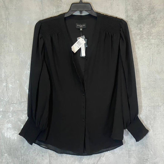 PREMISE STUDIO Women's Plus Size Black V-Neck Smocked Cuff Button-Up Blouse SZ 1X