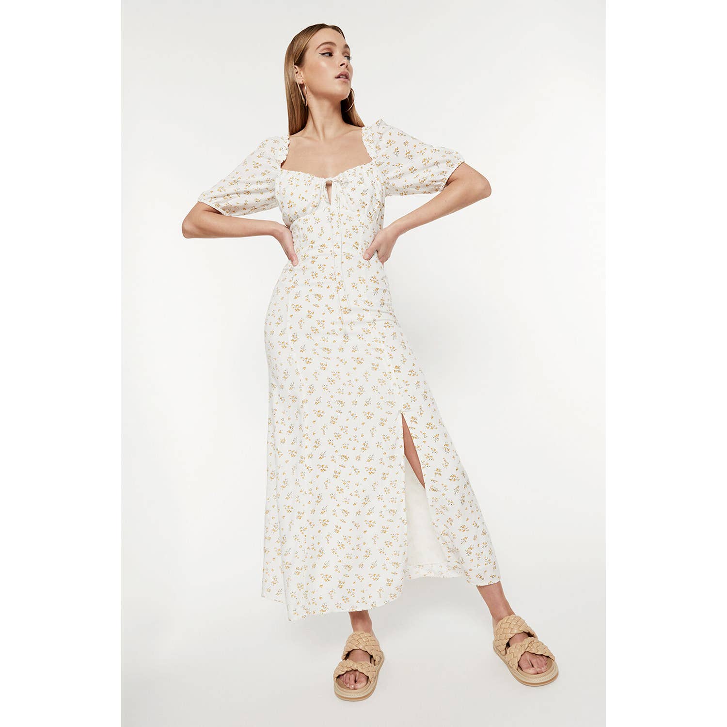 BARDOT Women's Ditsy Floral-Print Elbow-Sleeves Side-Slit Midi Dress SZ 6