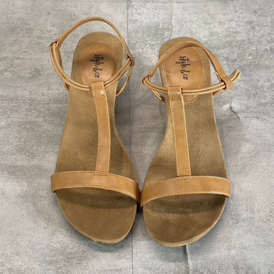 STYLE & Co Women’s Medium Tan Mulan T-Strap Slingback Wedge Sandals SZ 9.5