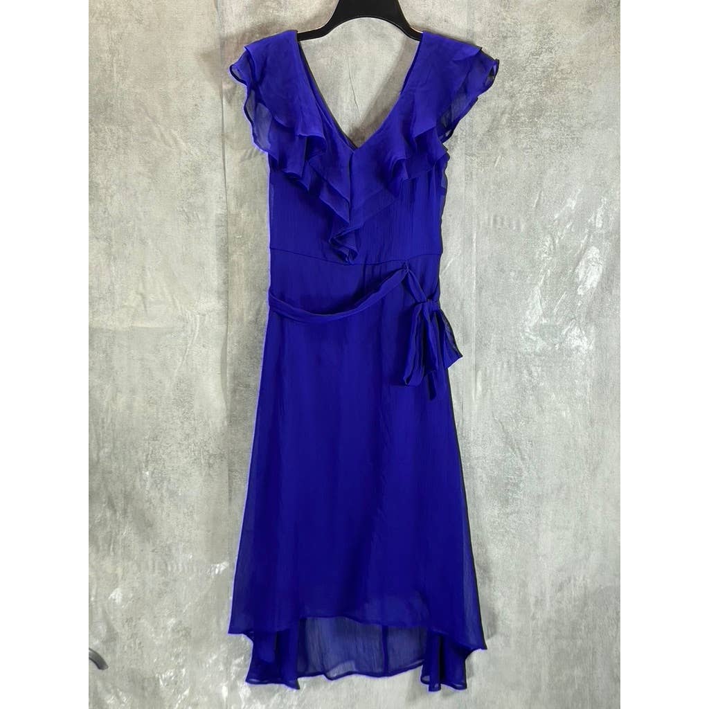 DKNY Women's Blue Ruffle Belted V-Neck Mesh Short-Sleeve Midi Dress SZ 2