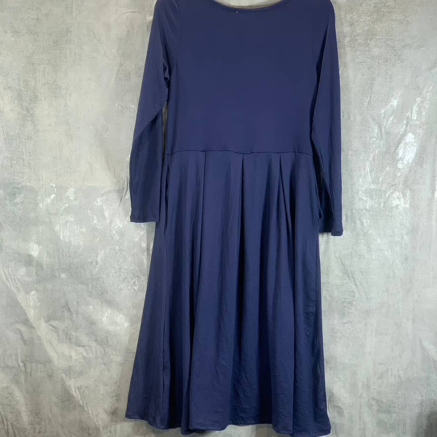 24SEVEN COMFORT APPAREL Women's Navy Round-Neck Long-Sleeve Fit & Flare Midi Dress SZ M