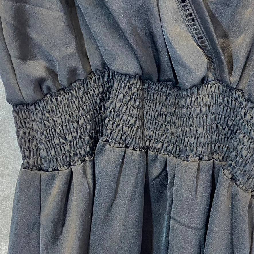 LUNA CHIX Women's Solid Black Flutter Sleeve Double V-Neck Smocked Waist Mini Dress SZ L