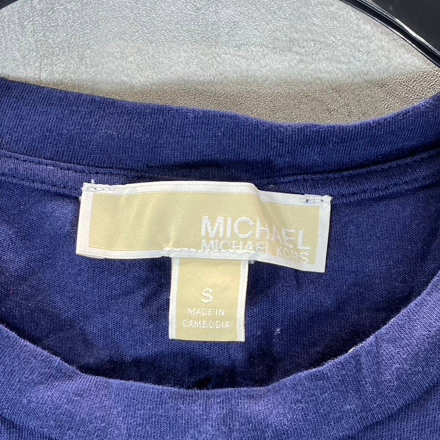 MICHAEL MICHAEL KORS Women's True Navy Crewneck Grommet-Trim Slit Maxi Gown SZ S