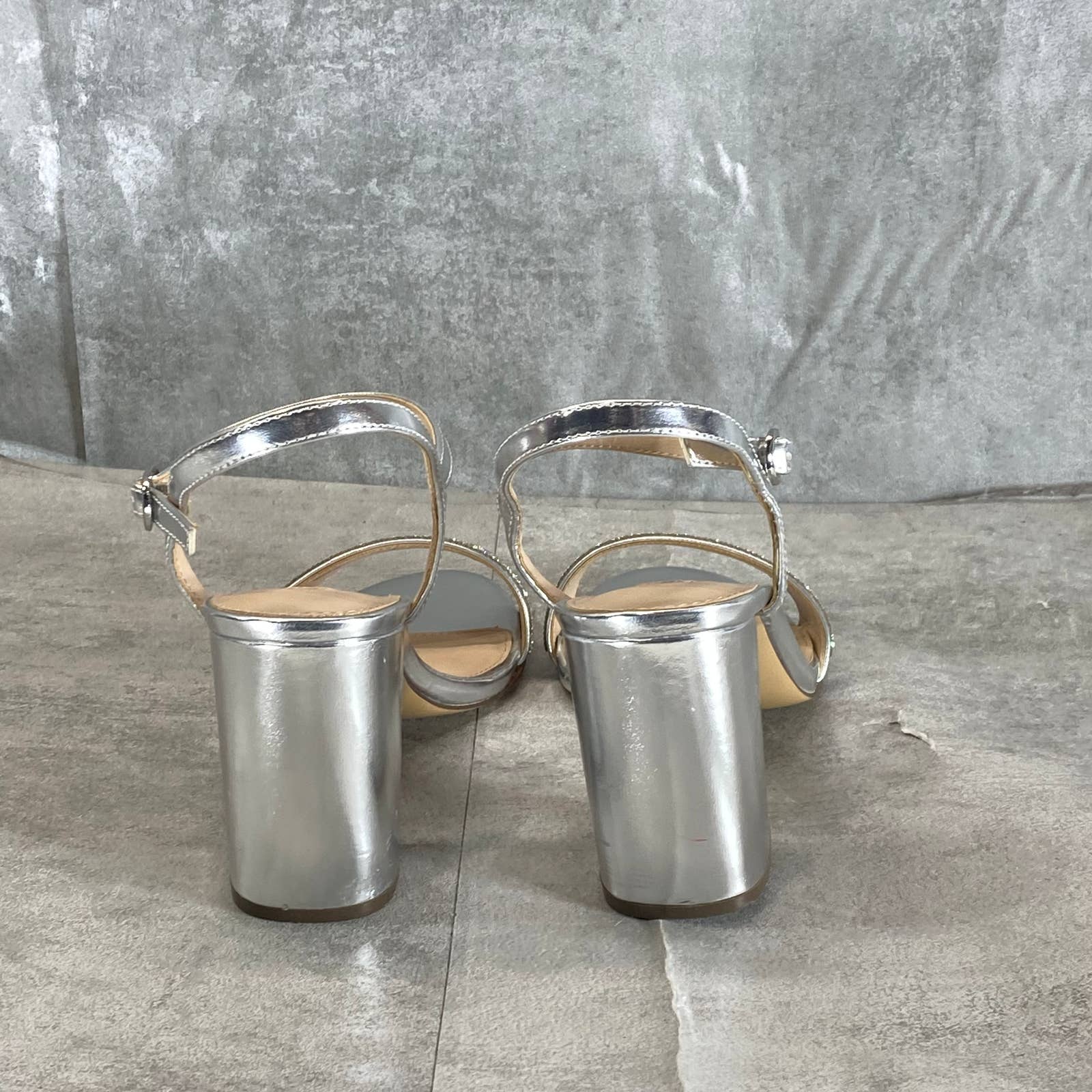 NINA Women's Silver Metallic Haven Block-Heel Ankle-Strap Evening Sandals SZ 7.5