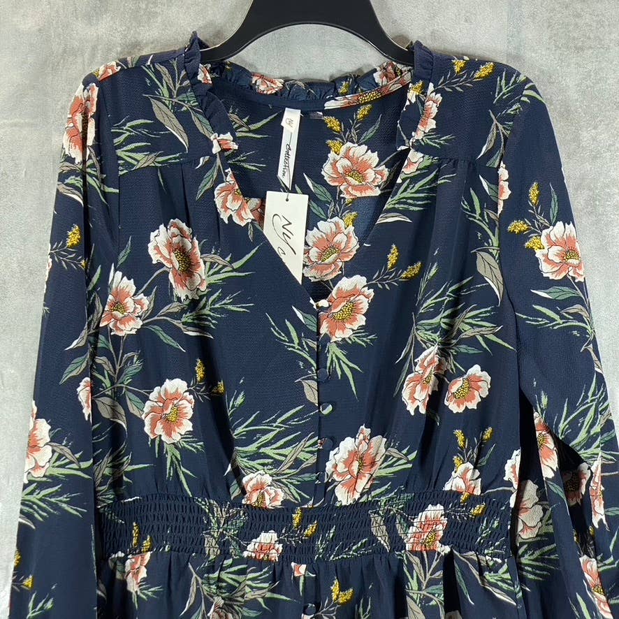 NY COLLECTION Women's Navy Floral V-Neck Smocked Long-Sleeve Fit & Flare Dress