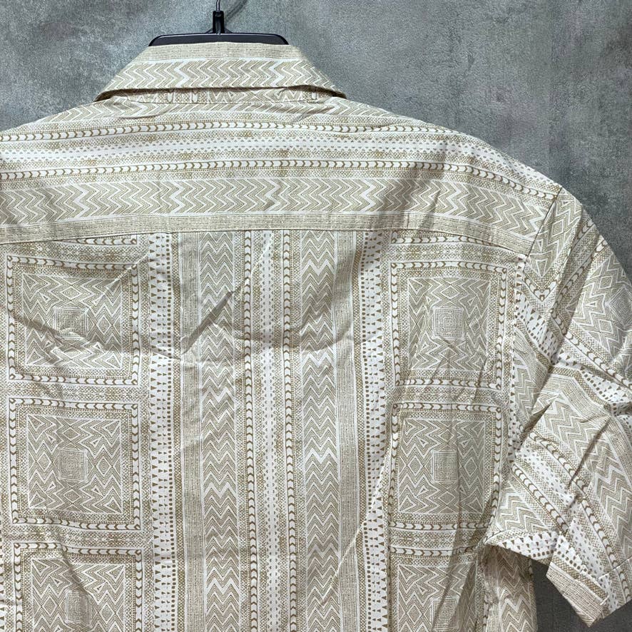 TASSO ELBA Brown Stretch Geo Tile-Print Camp Collar Short Sleeve Shirt SZ L