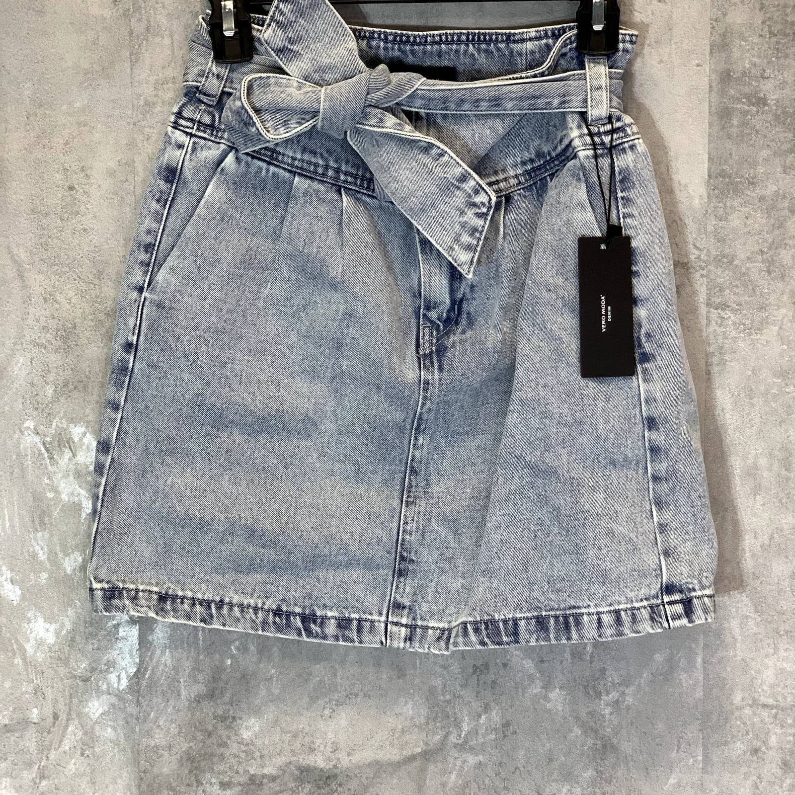 VERA MODA Women's Light Blue Denim VMKATIE HR Bow Pull-On Mini Skirt SZ XS
