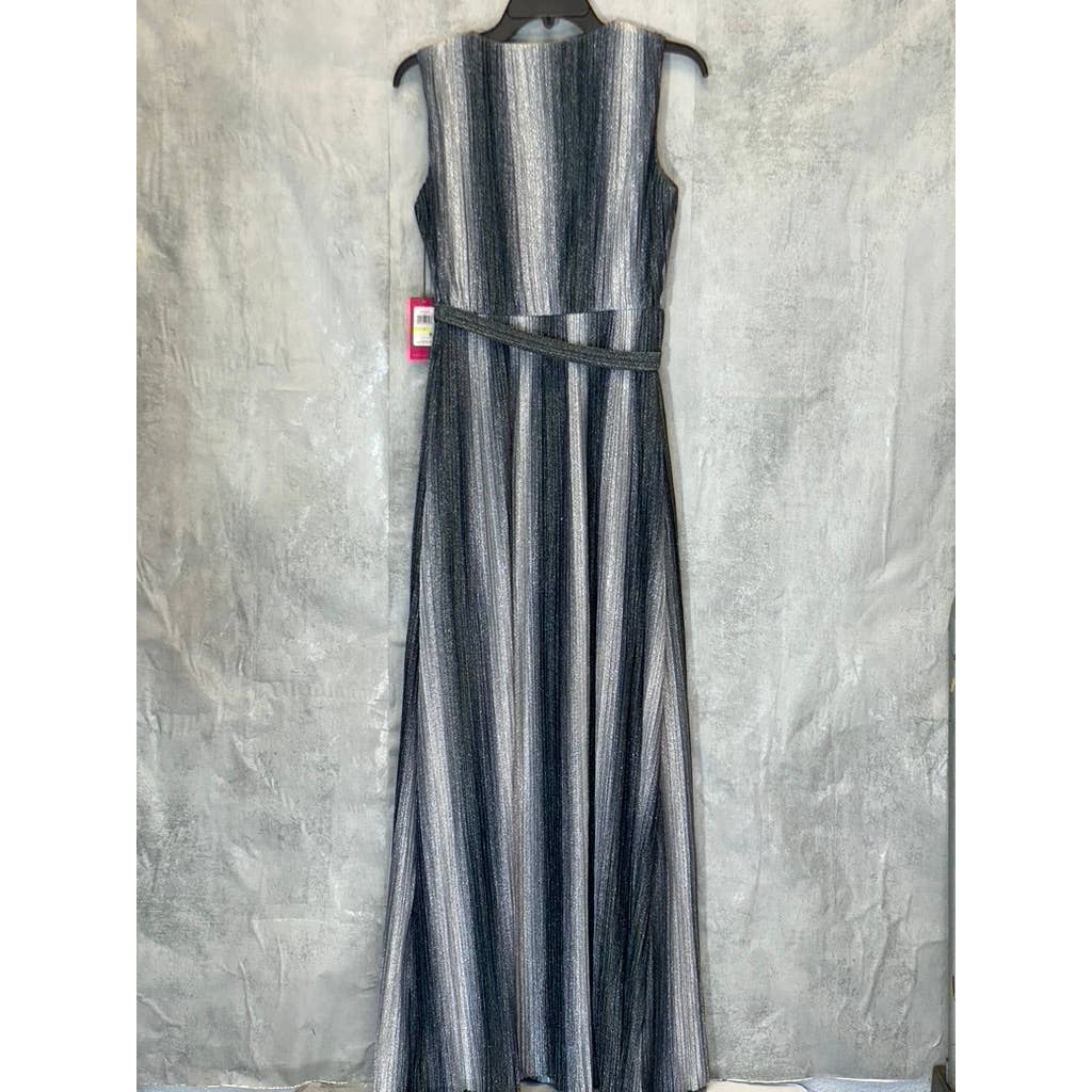 VINCE CAMUTO Women's Gunmetal Metallic Stripe Deep V-Neck Sleeveless Gown SZ 4
