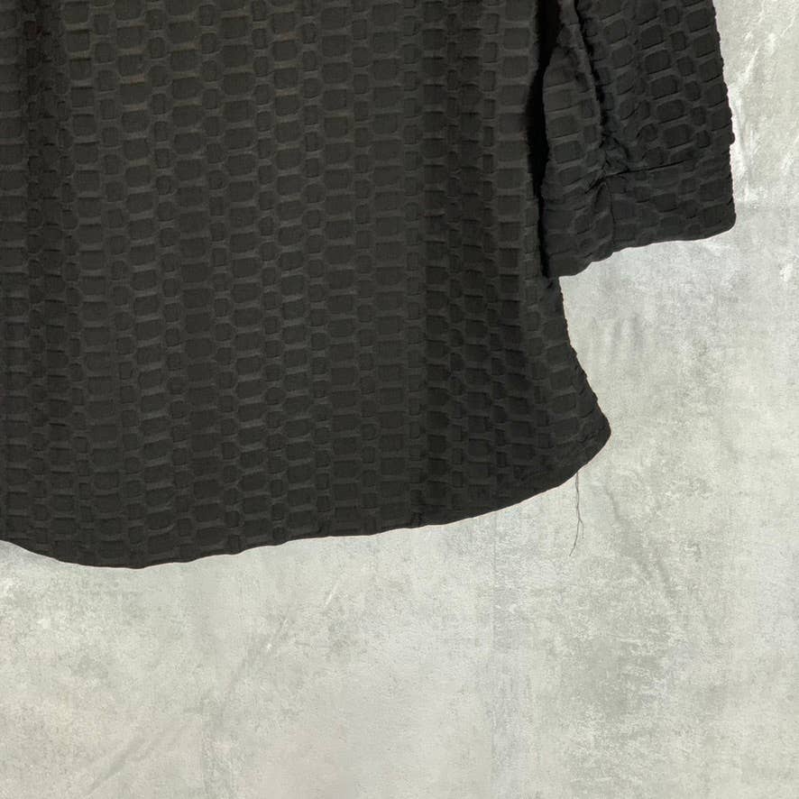 NY COLLECTION Women's Black Honeycomb Half-Zip 3/4 Sleeve Dolphin Hem Top SZ L