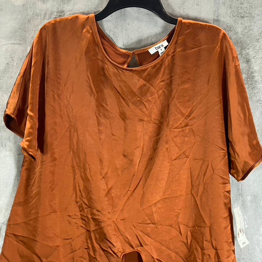BAR III Women's Rich Camel Satin Scoop-Neck Short Sleeve Tie-Hem Top SZ M