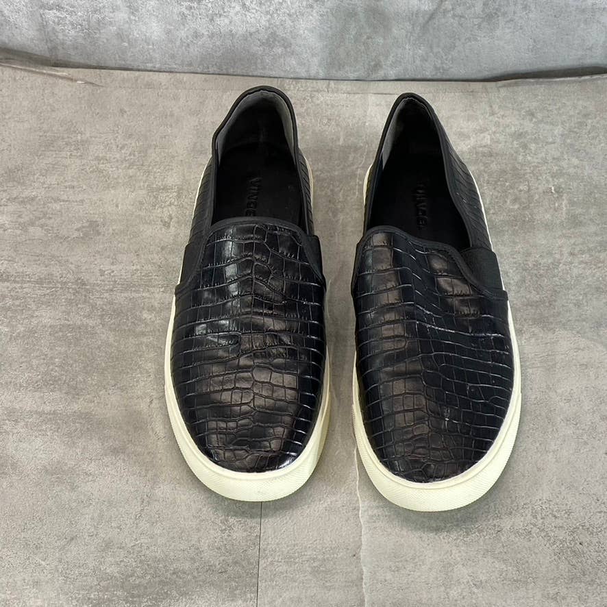 VINCE. Women's Black Leather Blair Croc-Embossed Slip-On Sneakers SZ 9.5