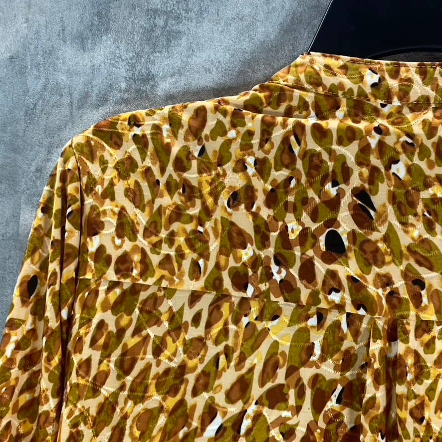 NY COLLECTION Women's Brown Leopard Y-Neck 3/4 Overlapped Bell Sleeve Top SZ L