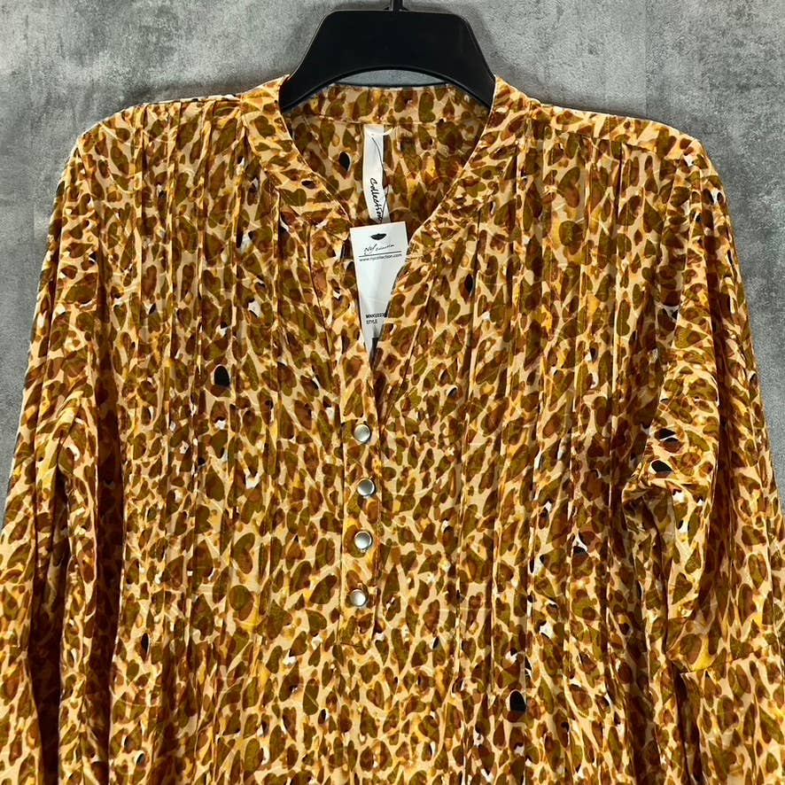 NY COLLECTION Women's Brown Leopard Y-Neck 3/4 Overlapped Bell Sleeve Top SZ L