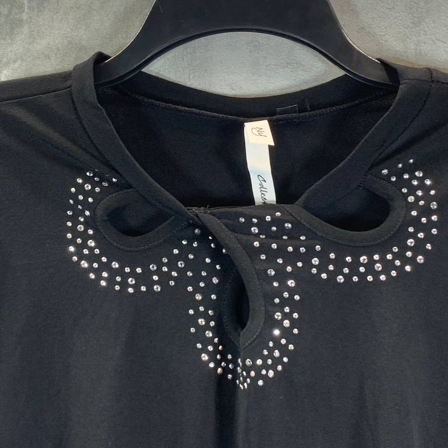 NY COLLECTION Women's Black Rhinestone Embellished 3/4 Sleeve Knit Crepe Top SZL