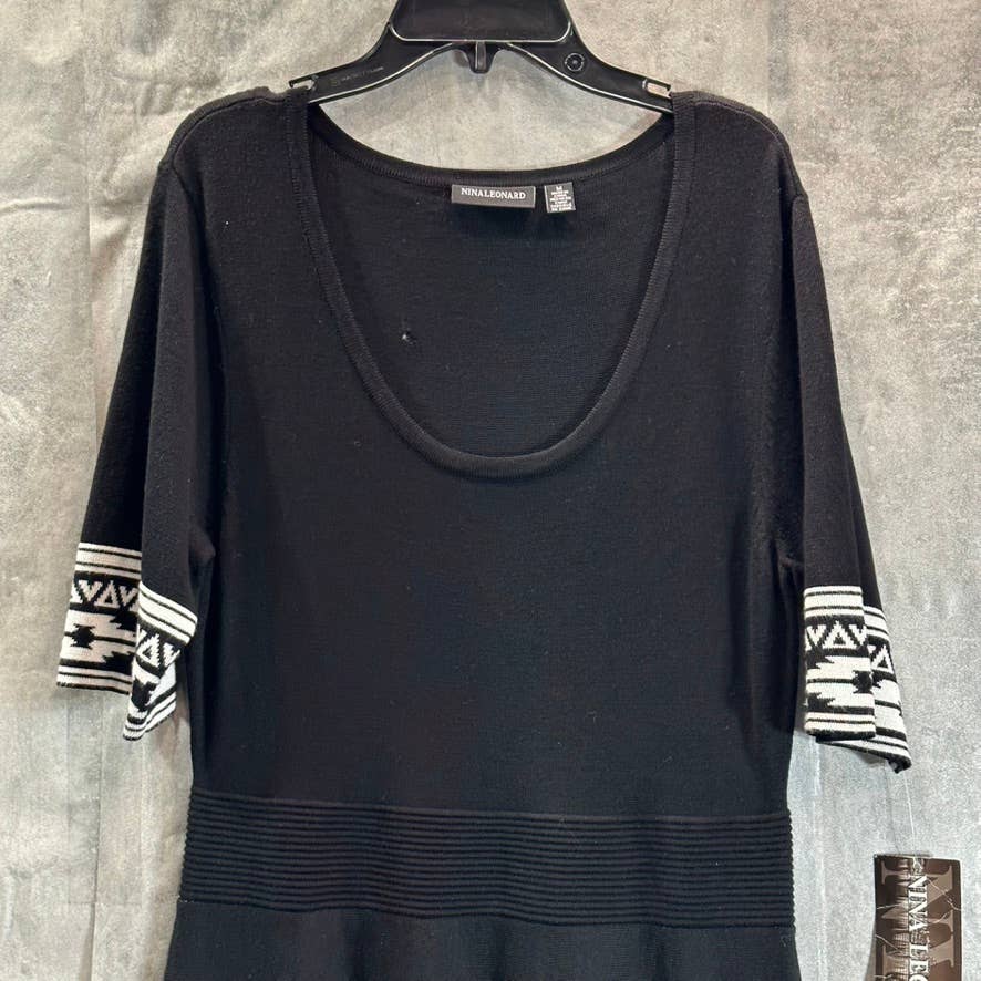 NINA LEONARD Women's Black Knit Geometric-Trim Fit & Flare Mini Dress SZ M