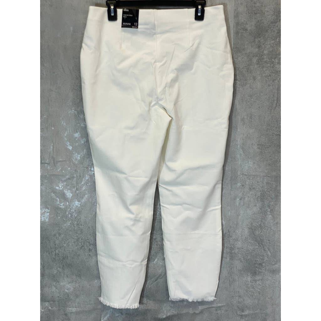 ALFANI Women's Bright White Comfort High-Rise Fringe-Hem Pull-On Pants SZ 12