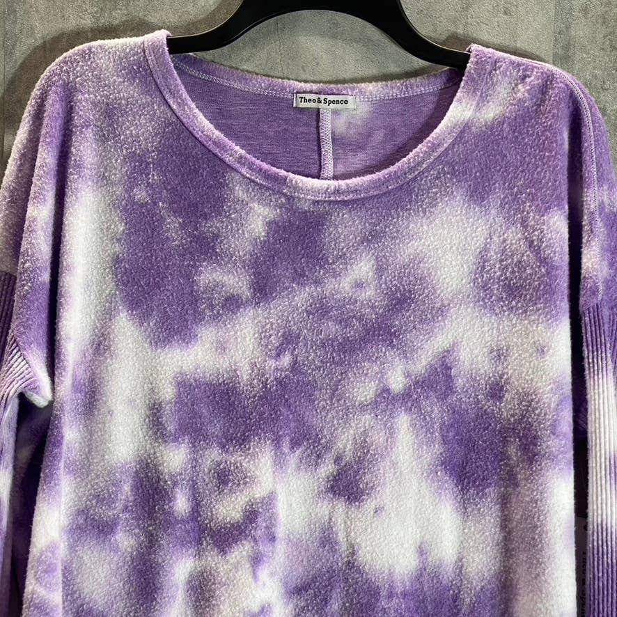 THEO & SPENCE Women's Purple Tie-Dye Crewneck Long Sleeve Hi-Low Hem Top SZ L