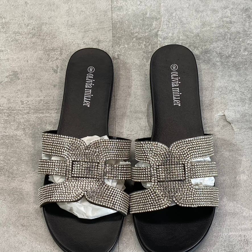 OLIVIA MILLER Women's Black Saltspring Rhinestone Embellished Strap Slide Sandals SZ 8
