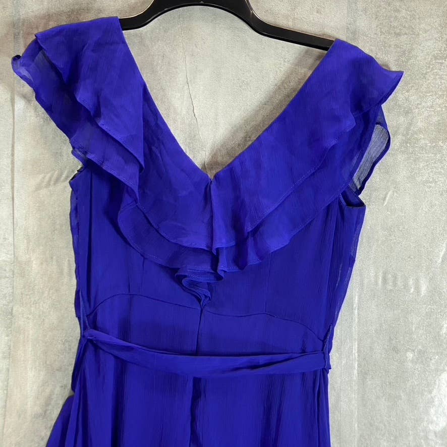 DKNY Women's Blue Ruffle Belted V-Neck Mesh Short-Sleeve Midi Dress SZ 2