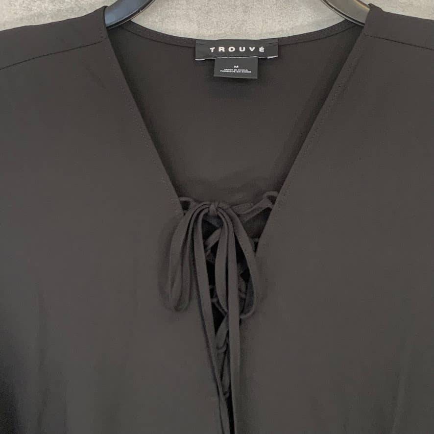 TROUVE Solid Black Lace-Up Wrap Long Sleeve Blouse SZ M