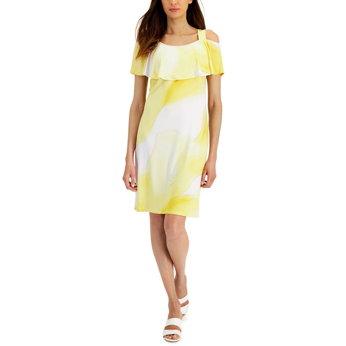 JM COLLECTION Women's Primrose Yellow Combo Ruffled Cold-Shoulder Mini Dress