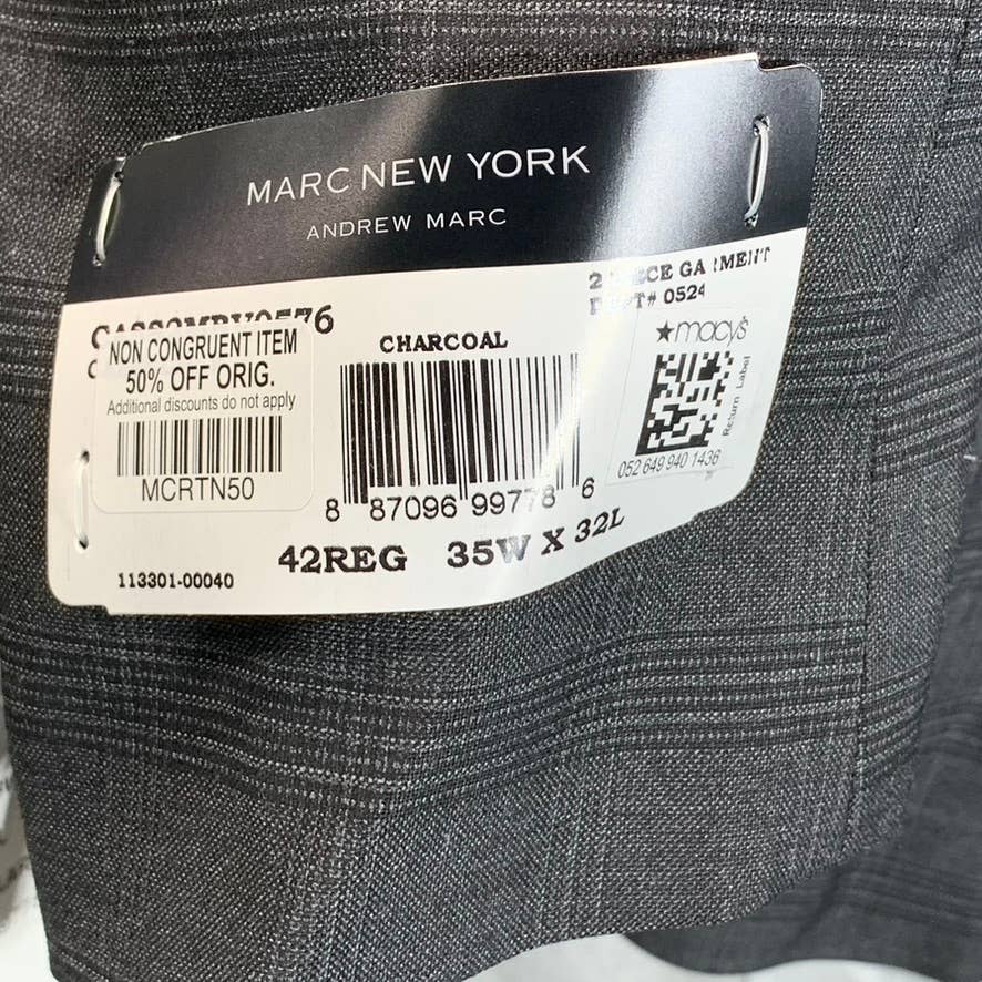 MARC NEW YORK Men's Charcoal Plaid Modern-Fit Two-Button Suit Jacket SZ 42R