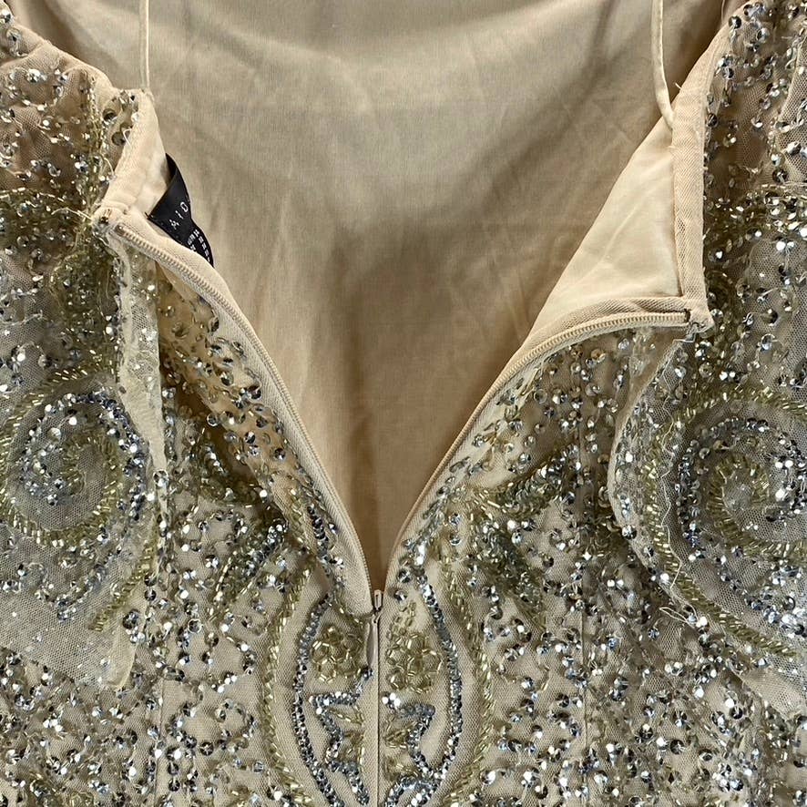 AIDAN MATTOX Women's Light Gold Cold-Shoulder Beaded Embellished Side-Slit Gown