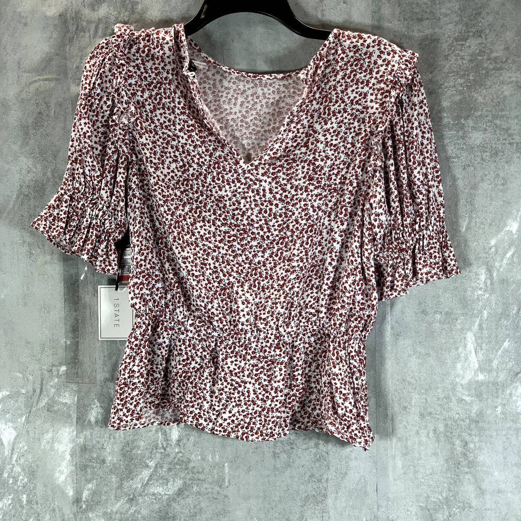 1.STATE Women's Peplum Ditsy Floral-Print Crewneck Short Sleeve Peplum Top SZ XS
