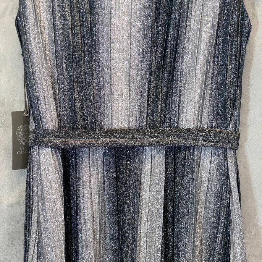 VINCE CAMUTO Women's Gunmetal Metallic Stripe Deep V-Neck Sleeveless Gown SZ 2
