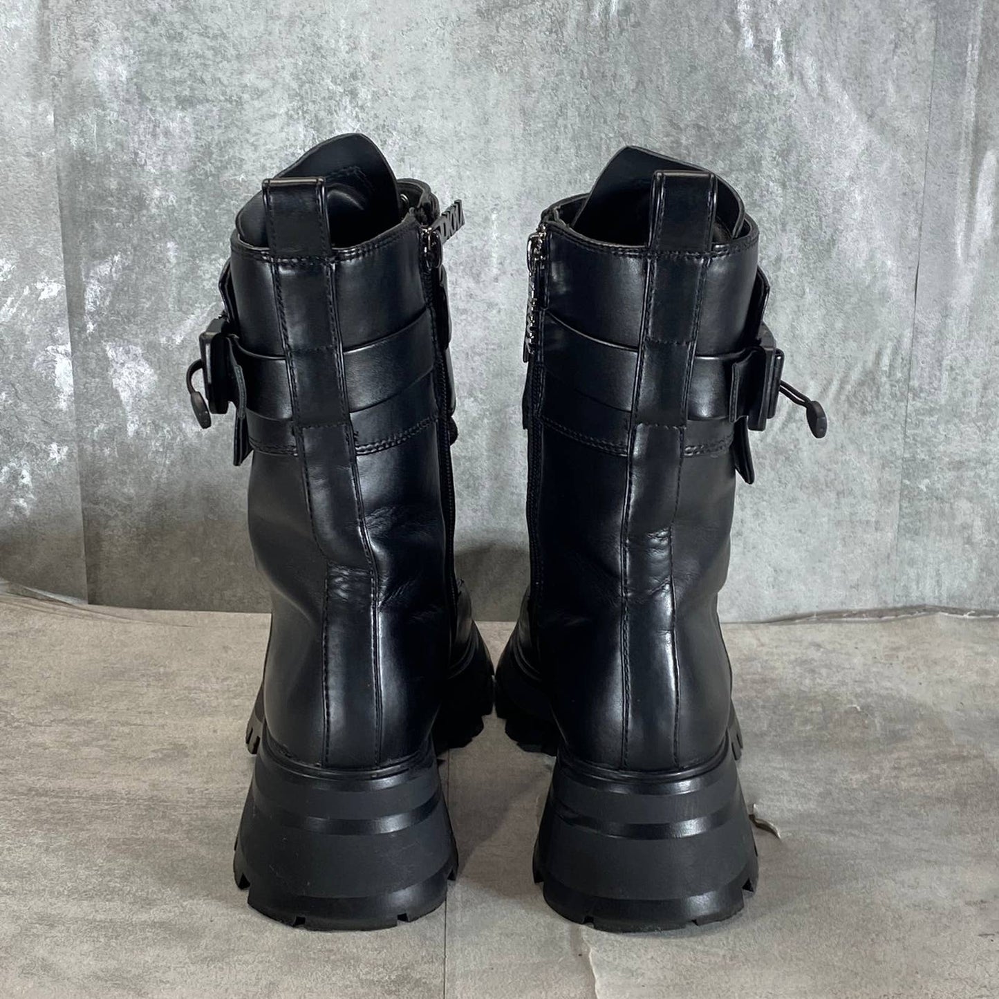 DKNY Women's Black Smooth Sava Buckled Combat Lace-Up Lug-Sole Boots SZ 8