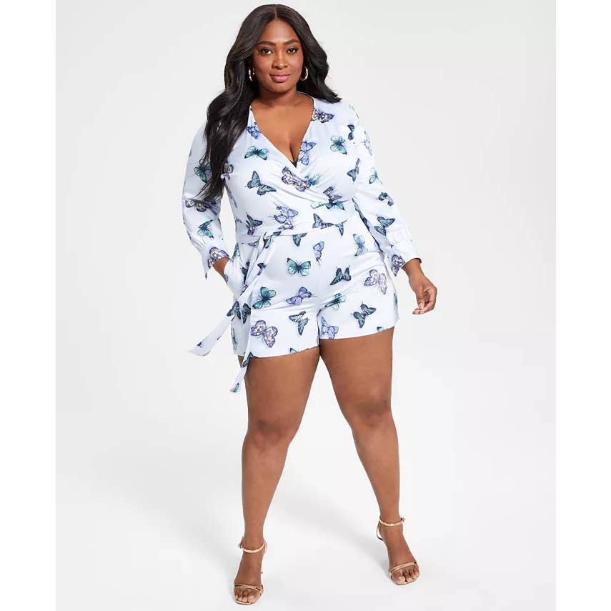 NINA PARKER Women's Plus Blue Butterfly Satin Trendy V-Neck Long-Sleeve Romper