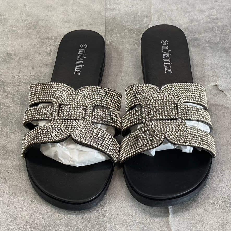 OLIVIA MILLER Women's Black Saltspring Rhinestone Embellished Strap Slide Sandals SZ 8