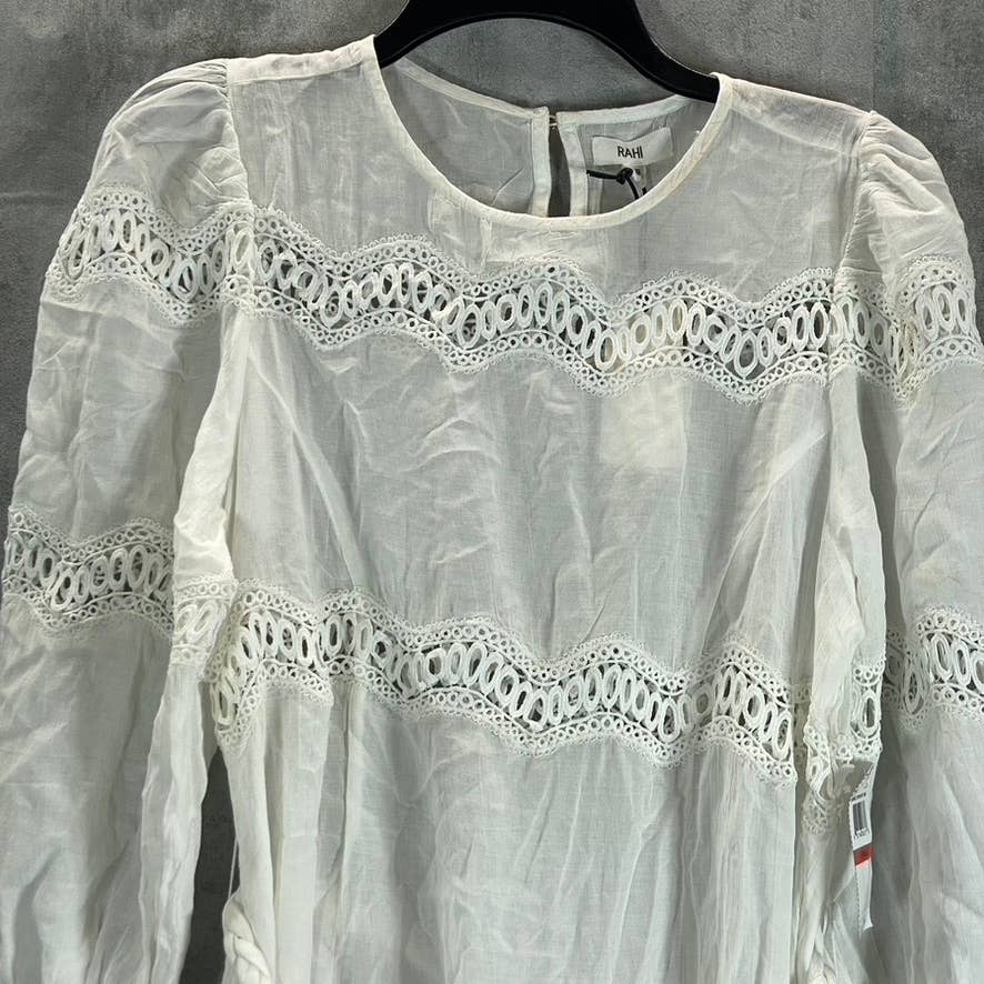 RAHI Women's White Sanibel Long Puff Sleeve Lace-Trim Belted Mini Dress SZ XS