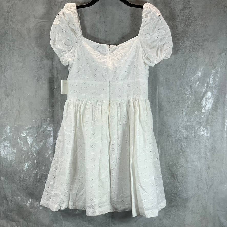 BAR III Women's Bright White Sweetheart Tie-Neck Eyelet Puff-Sleeve Dress SZ 6