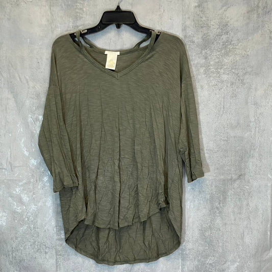 MATTY M Women's Olive Cutout Shoulder V-Neck 3/4 Sleeve Top SZ S