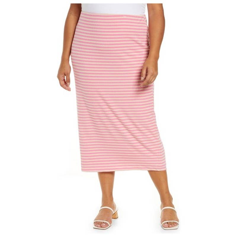 AFRM Women's Plus Size Pink/Nude Stripe Ribbed Torino Midi Pull-On Skirt SZ 2X