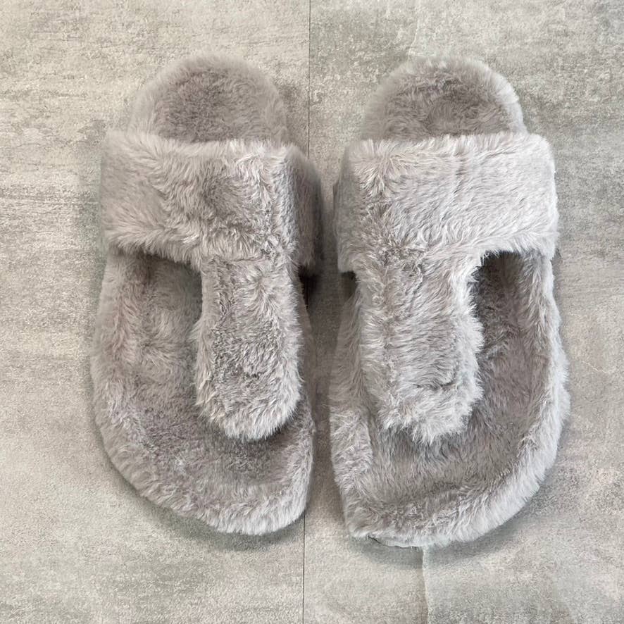 OLIVIA MILLER Women's Gray Faux-Fur Chloe T-Strap Thong Slip-On Slippers SZ 9