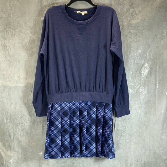 KINGSTON GREY Juniors' Navy Check Pleated Skirt Crewneck Mini Sweater Dress SZ L