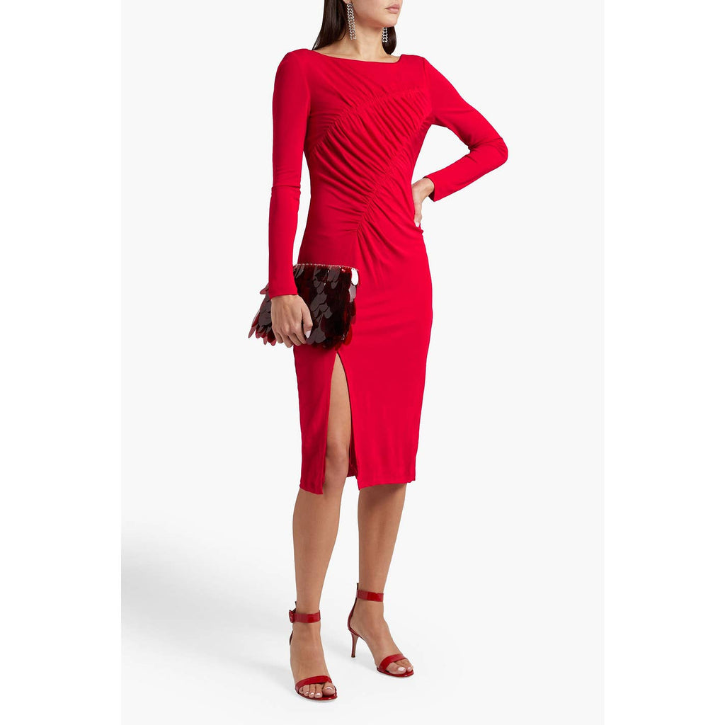 RACHEL ZOE Women's Red Ruched Long Sleeve Side Slit Knee Length Jersey Dress SZ4