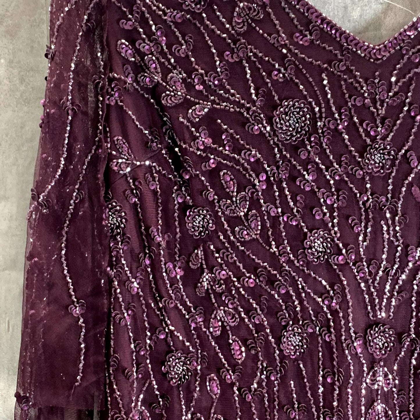 JKARA Women's Wine Beaded Embellished V-Neck Mesh Flutter-Sleeve Gown SZ 12