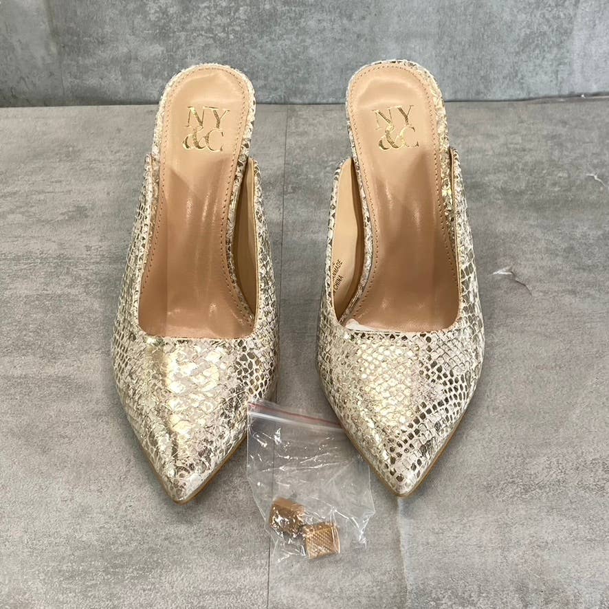 NEW YORK & COMPANY Women's Gold Snake Print Cammie Pointed-Toe Mule SZ 6