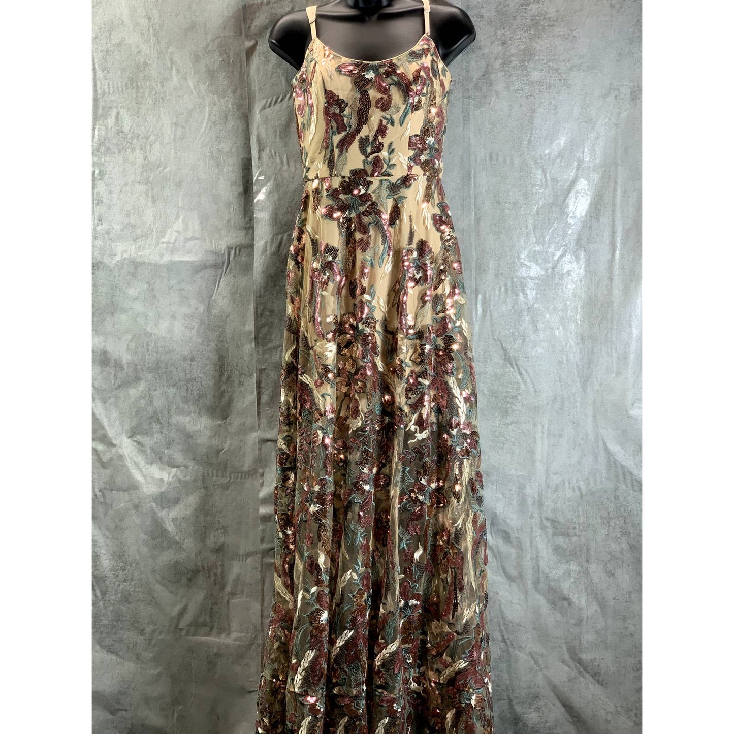 DRESS THE POPULATION Umalina Beige/Lavender Sequin Floral Fit & Flare Gown SZ XS