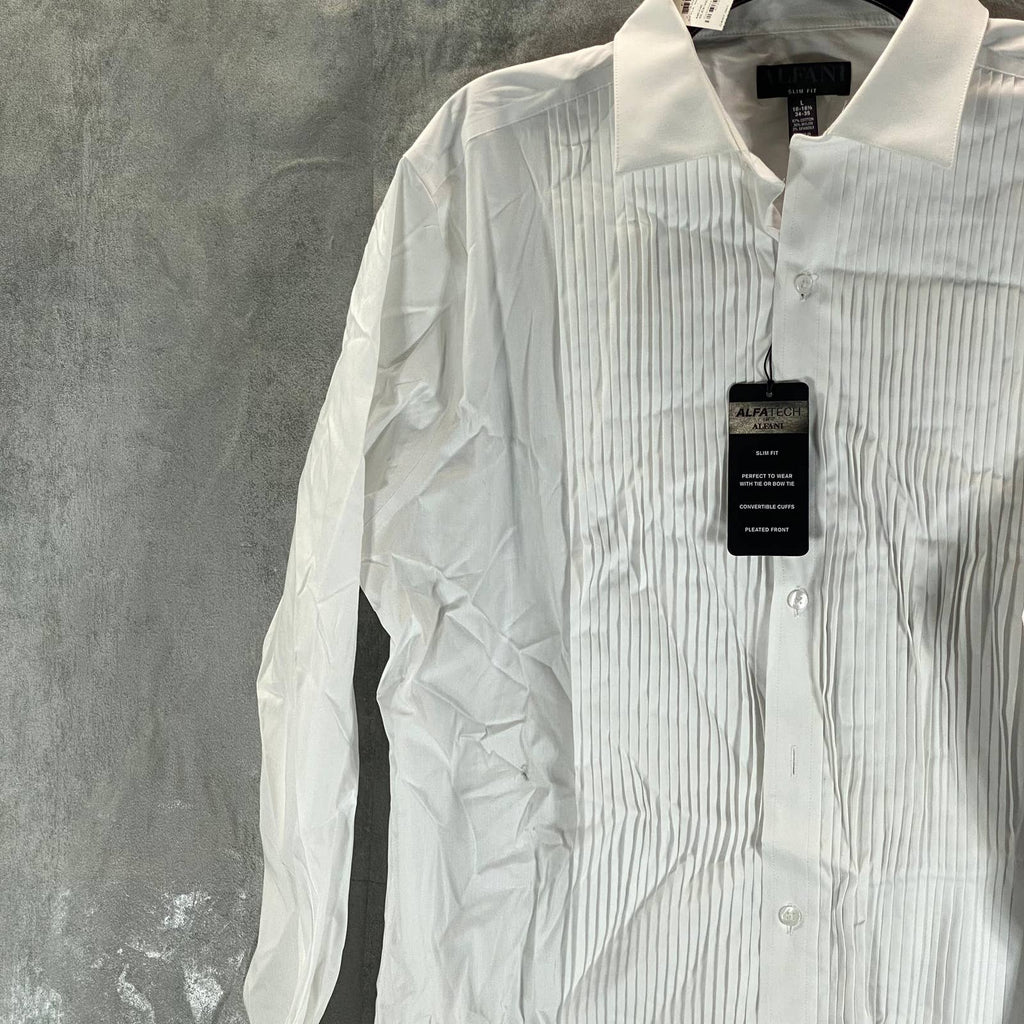 ALFANI Alfatech Men's Sierradale White Slim-Fit Pleated Panel Formal Shirt SZ L