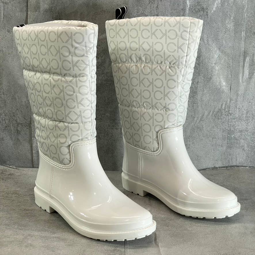 CALVIN KLEIN Women's White Suli Logo Nylon Lug Sole Block-Heel Tall Rain Boots