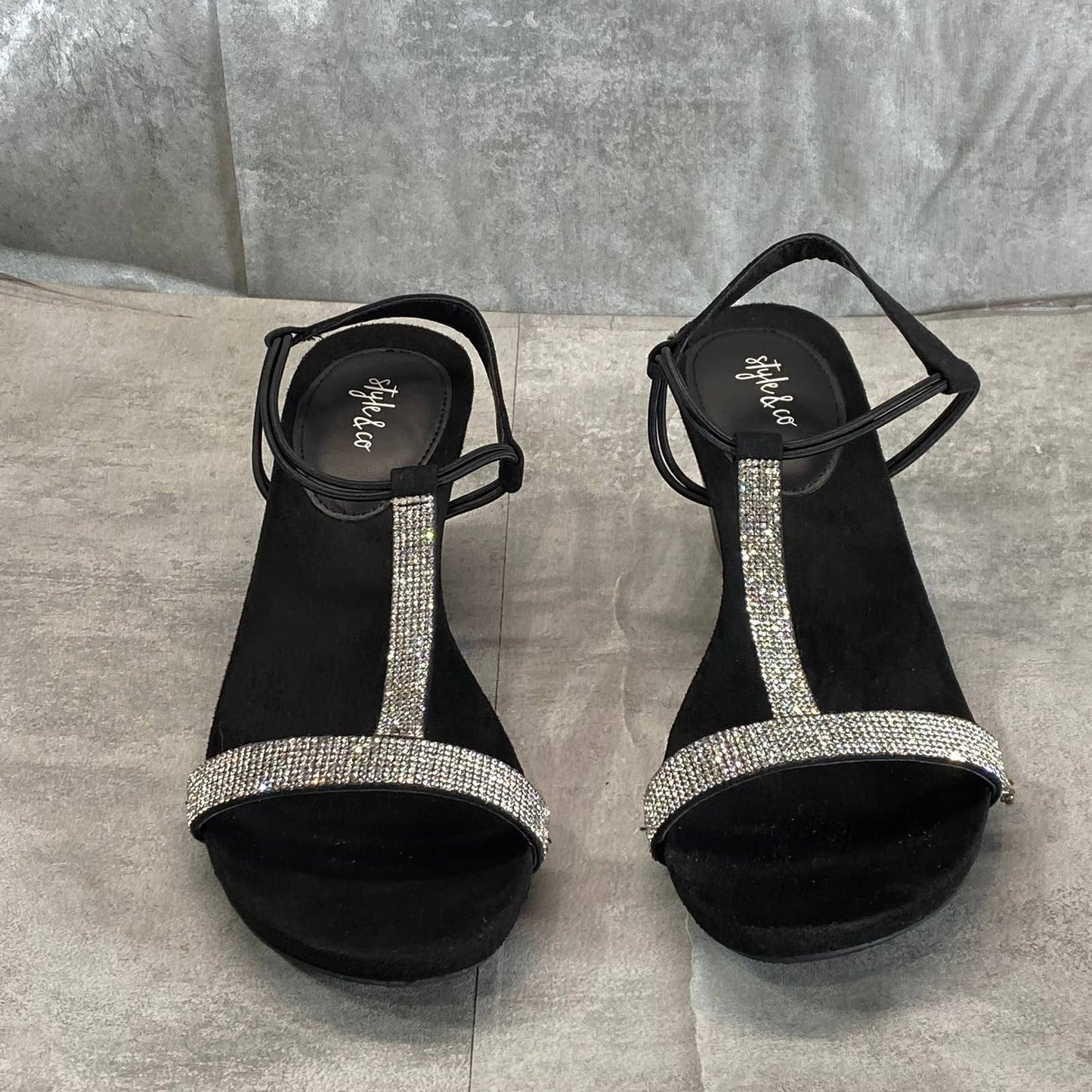 STYLE & CO Women's Black Mulan Embellished T-Strap Slingback Wedge Sandals SZ9.5